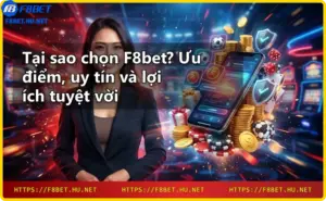 Ảnh giới thiệu F8bet với laptop hiển thị logo F8bet, khóa và chip casino, thể hiện uy tín và chuyên nghiệp