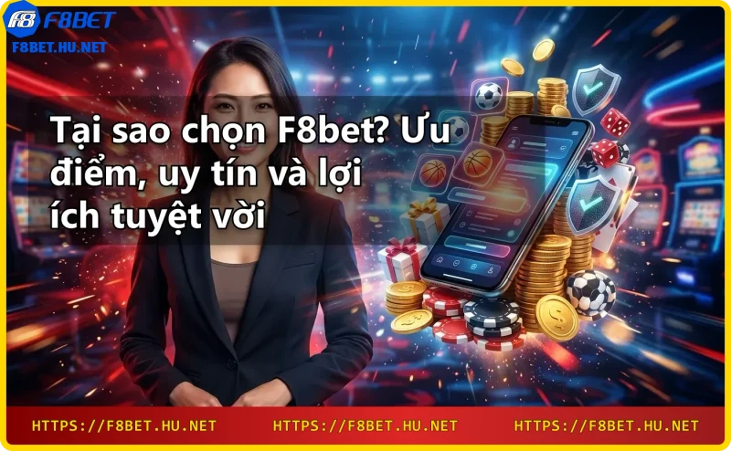 Ảnh giới thiệu F8bet với laptop hiển thị logo F8bet, khóa và chip casino, thể hiện uy tín và chuyên nghiệp
