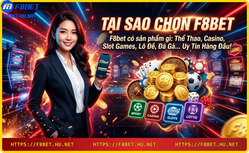 Ảnh minh họa các sản phẩm F8bet: thể thao, casino, slot và xổ số