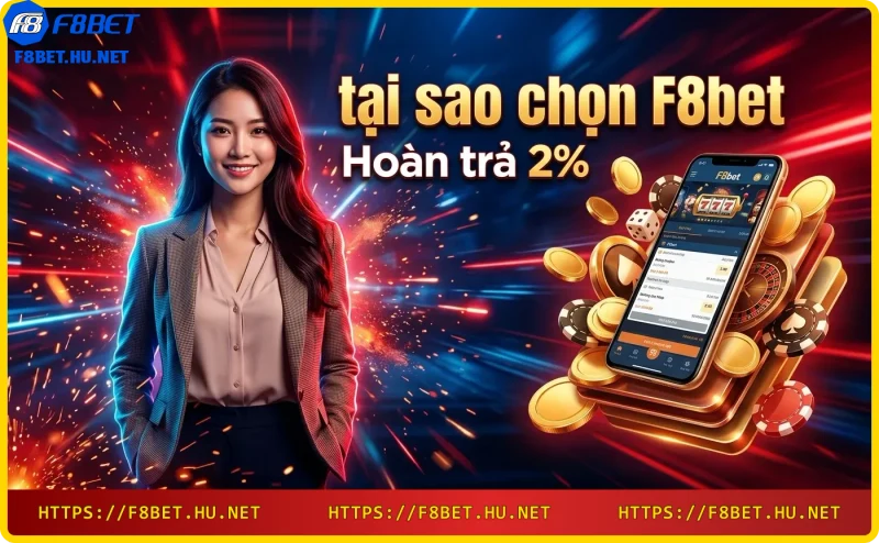 Ảnh minh họa chính sách hoàn trả 2% của F8bet với đồng vàng và biểu đồ tăng trưởng