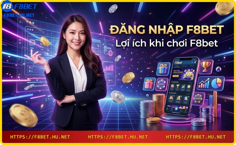 Cọc tiền vàng với mũi tên tăng trưởng cùng chip casino thể hiện lợi ích khi chơi F8bet