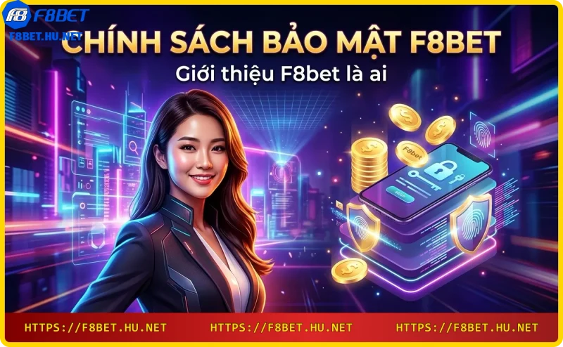 Giao diện nhà cái F8bet trên laptop với biểu tượng bảo mật và tiền xu xung quanh