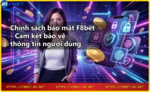 Giao diện nhà cái F8bet trên laptop với biểu tượng bảo mật và tiền xu xung quanh