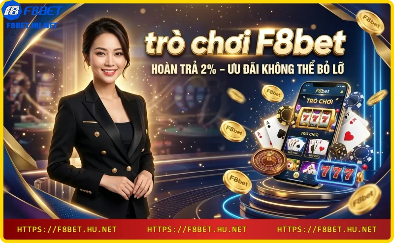 Hoàn trả 2% tại F8bet với đồng vàng và biểu tượng phần trăm