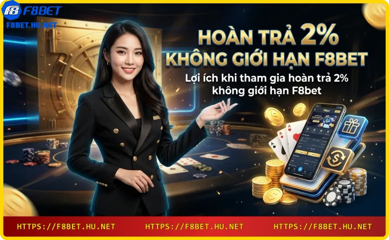 Lợi ích hoàn trả 2% không giới hạn F8bet với biểu tượng tiền vàng và cashback