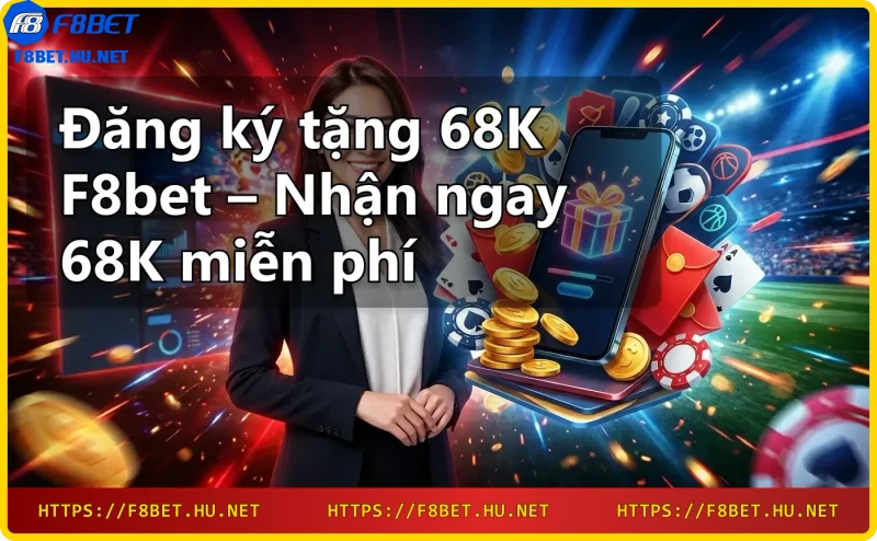 Nhà cái F8bet với chip vàng 68K nổi bật trên nền xanh đen sang trọng