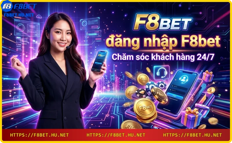 Tai nghe hỗ trợ, bong bóng chat và điện thoại thông minh thể hiện dịch vụ chăm sóc khách hàng F8bet
